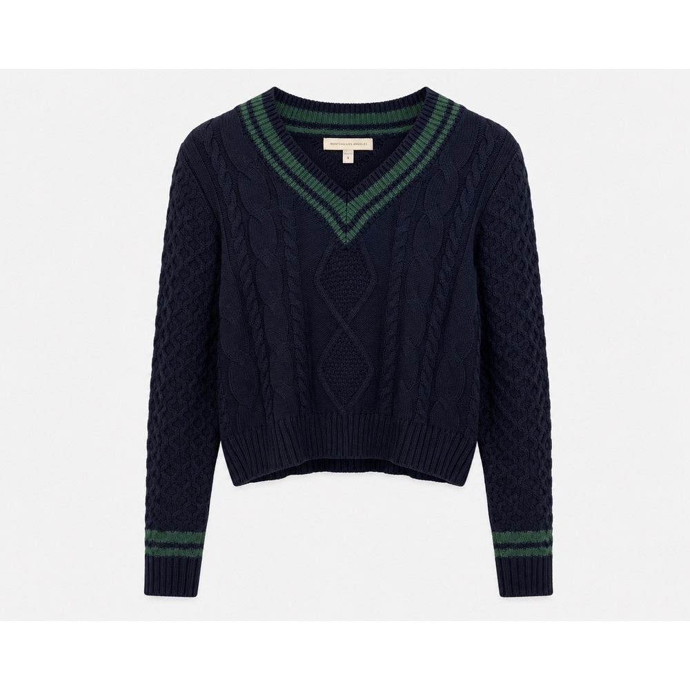Monteau Los Angeles Cropped Cable Knit V-Neck Sweater Women's L Navy NWT